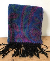 Vintage 90s Soft Acrylic Blue Purple Paisley Pattern Knit Fringe Winter Scarf - £15.97 GBP