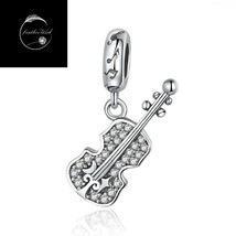 Genuine 925 Sterling Silver Love Violin Musical Instrument Dangle Charm With CZ - £17.21 GBP