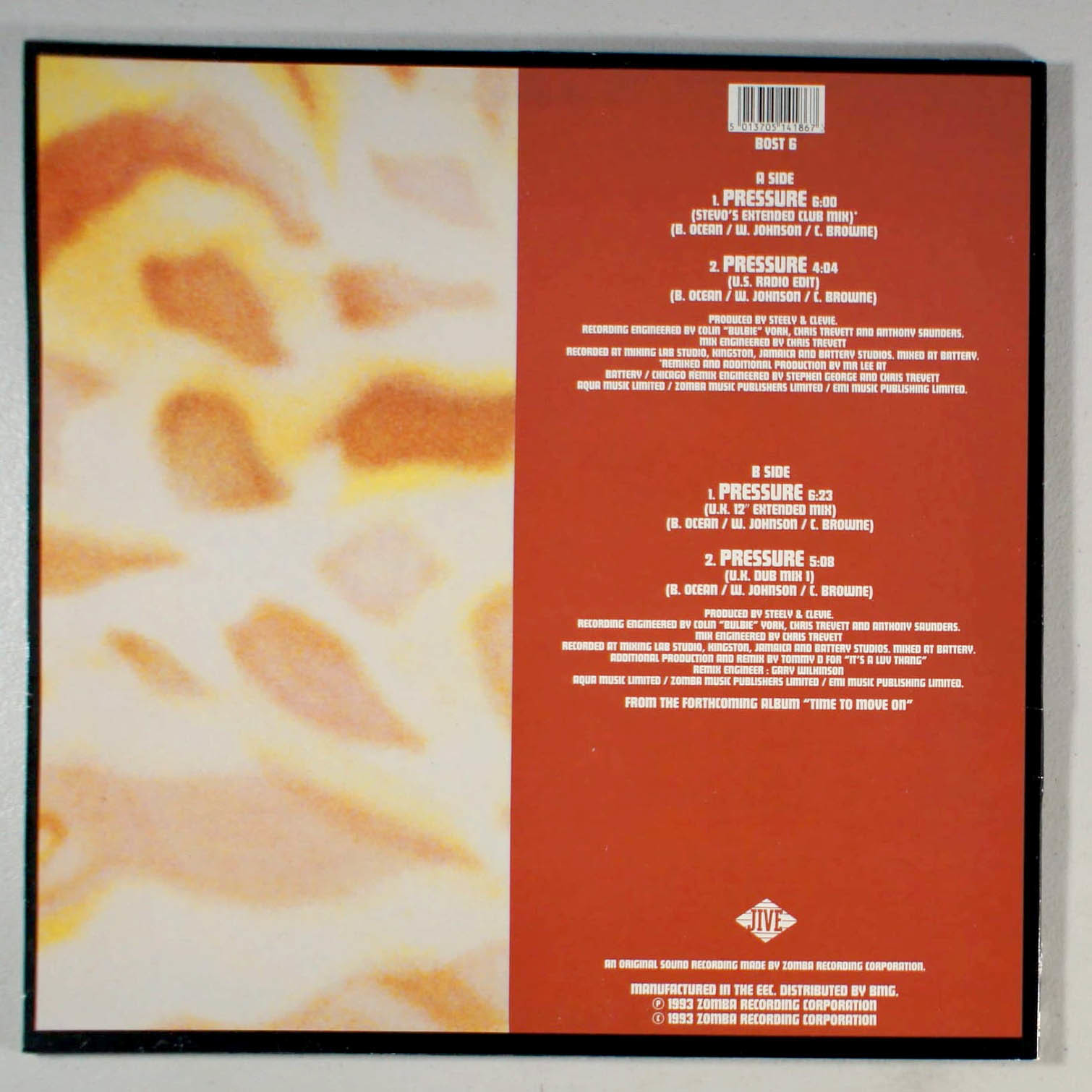 Billy Ocean - Pressure (1993) Vinyl 12" Single โข Time to Move On, Club Remix Item image 2