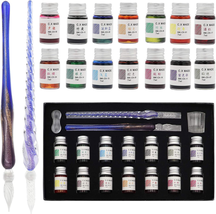 AXEARTE Glass Dip Calligraphy Pen Set, 18-Pieces 14 Color Inks, Pen Holder, Clea - £24.03 GBP