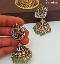 Indian Bollywood Victorian Style Gold Plated CZ Emerald Earrings Jhumka Set - £61.11 GBP