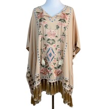 Chicos Poncho Top Womens Large XL Rose Embroidered Cream Blush Tassel Tie Fringe - £51.11 GBP