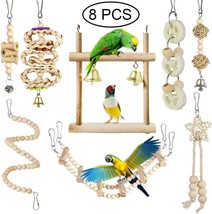 Wooden Parrot Chewing Toy Set - 8-Piece Bird Toy Log Swing Collection - £18.45 GBP