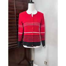 Rafaella Womens Cardigan Sweater Red Black Stripe Cotton Blend Knit Butt... - $17.59
