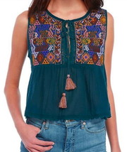 Free People Embroidered Tank Top Medium 8 10 Turquoise Breezy Tie Tassels NWT - £54.40 GBP