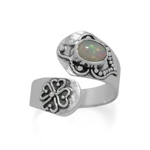 14K White Gold Plated Oxidized White Ethiopian Opal Wrap Ring with Ornate Design - £106.41 GBP