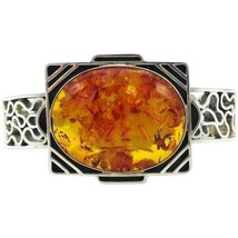 Beautiful Vintage Sterling Silver Baltic Amber Cabochon Hinged Cuff Brac... - £110.53 GBP