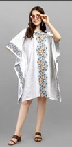 Short Maxi Beach Kaftan Digitally Printed Polyester Crepe White Nightwear - £20.99 GBP