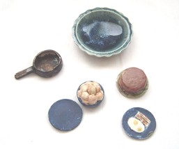  Miniature Ceramic Doll House Plates Bowl Eggs Bowl Cake and Pot Lot of 6 - £7.98 GBP