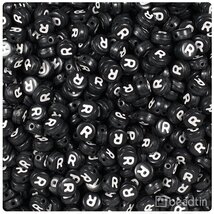 BeadTin Black Opaque 7mm Coin Plastic Alphabet Beads - White Letter R (1... - $2.09
