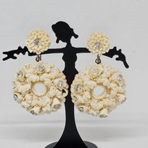 Vintage Carved Celluloid Rhinestone Flower Dangle Clip On Earrings - $22.95