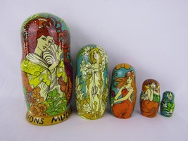 Matryoshka Nesting Dolls 7&quot; 5 Pc., Alfons Mucha Artist Hand Made Russian 1038 - £66.83 GBP