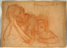Enoch Hendryk Enrico Glicenstein Original Sketch Drawing Woman &amp; Child S... - $279.00