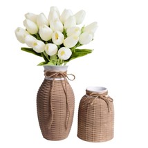 Brown Vase, Rustic Farmhouse Rattan Ceramic Vases For Tulip Flowers And Pampas G - £59.07 GBP