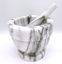 5&quot; Mortar And Pestle Footed Marble Natural Stone White Black Set Grind H... - £29.81 GBP