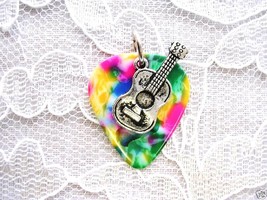 RAINBOW COLORS CONFETTI GUITAR PICK w ACOUSTIC GUITAR CHARM PENDANT ADJ ... - $4.99