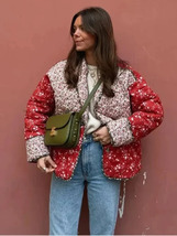 Oversized Women&#39;s Red Quilted Jacket, Paisley, Buttoned Cardigan, Boho, Unique - £42.52 GBP