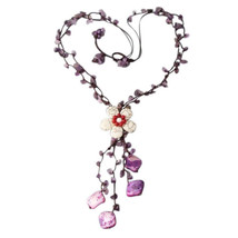 Amethyst Nugget Stones Shell Drop TQ Flower Necklace - £12.50 GBP