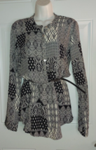 About A Girl Geometric Roll Tab Sleeve Black/Cream 1/2 Button Down Tunic Top MED - £7.56 GBP