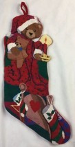 Christmas Needlepoint Stocking 3D Teddy Bear Gifts Candle Red Green Comp... - $24.73