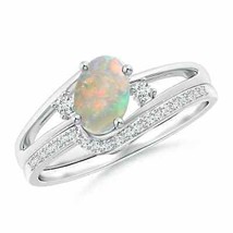 ANGARA Oval Opal and Diamond Wedding Band Ring Set in 14K Solid Gold - £933.48 GBP