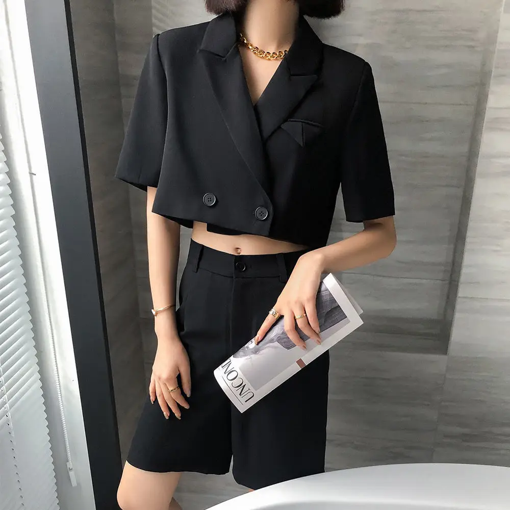 Korean Solid Two Pieces Sets Vintage   Short Sleeve Blazers+t Waist Shorts Suits - £98.00 GBP