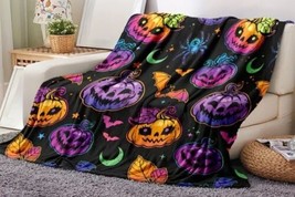 Halloween Smiling Pumpkins Bats Blanket Throw Plush Flannel Fleece Black Fall - £22.95 GBP