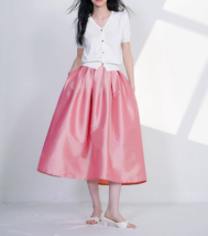 A-line PINK Pleated Midi Skirt Outfit Women High Waist Plus Size Taffeta... - $65.99