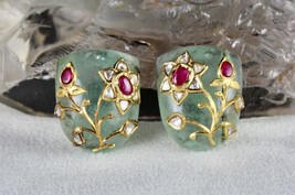 Old Natural Emerald Cabochon Gemstone Ruby Diamond 22k Gold Earring Desi... - $5,320.00