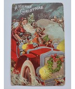 A Merry Christmas Embossed Postcard Santa Claus Driving Big Red Car Toys... - £23.69 GBP