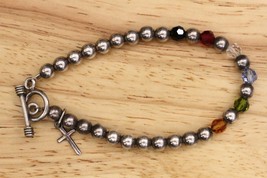 Sterling Silver Christian Jewelry 8&quot; Beaded Birthstone Bracelet Cross Do... - £22.74 GBP