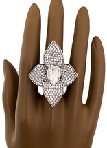 Clear Rhinestones Big Flower One Size Stretchable Cocktail Ring Costume Jewelry - $17.10