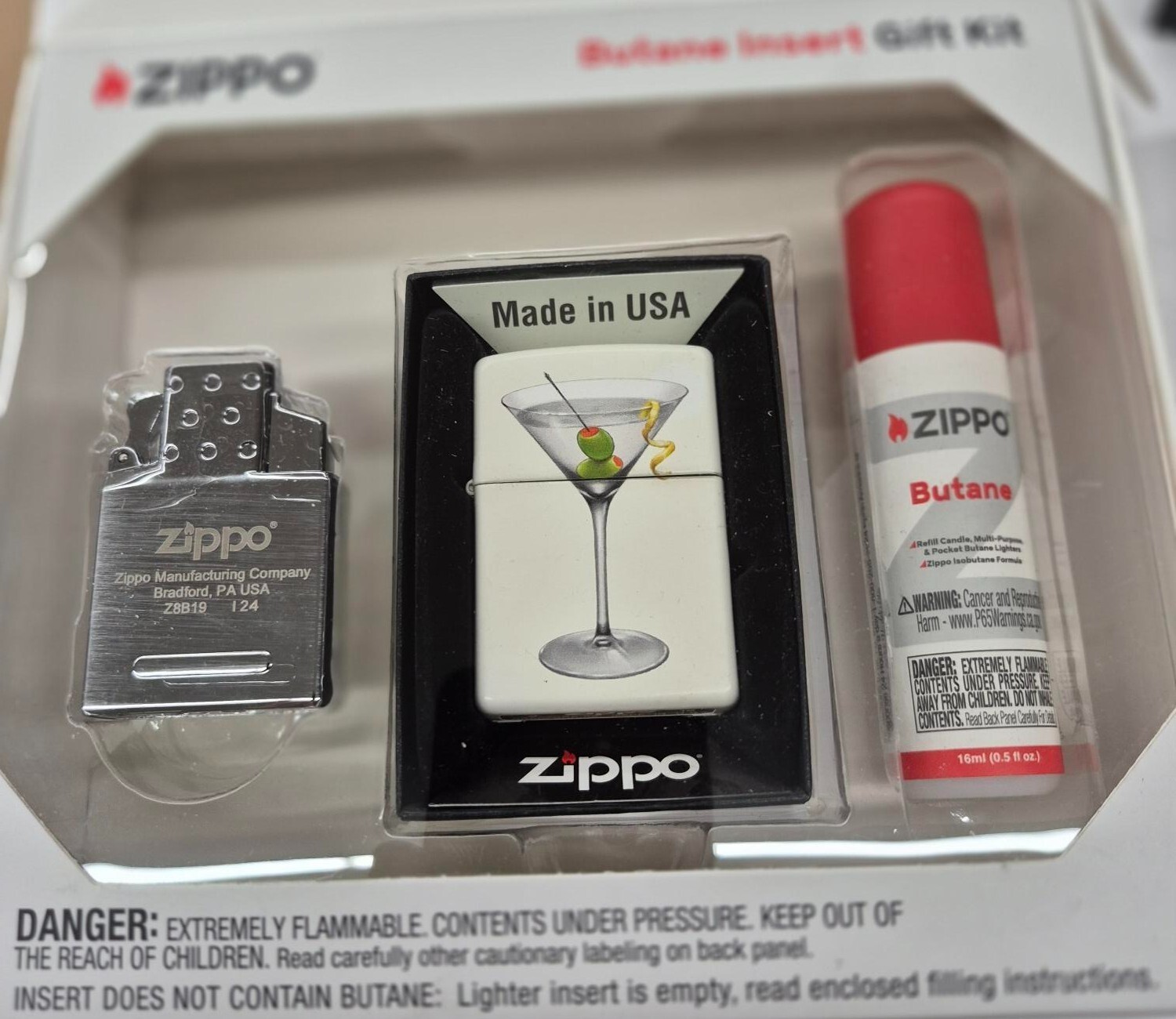 Rare White Martini Time Zippo Lighter Gift Kit - $37.95