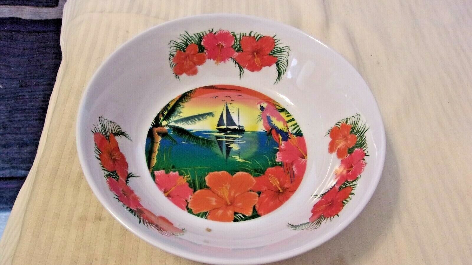 Primary image for 8" Melamine Dinner Bowl, Paradise Design, Parrot, Sailboat, Orchids
