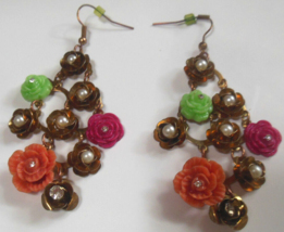 Vintage Multi-color Plastic Carved Rose &amp; Pearl Dangle Hook Earrings 3.1/4&quot; Long - £27.30 GBP