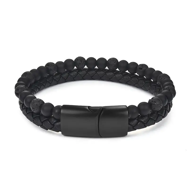 Leather Bracelet Natural Lava Stone Beads Bracelet for Men Multilayer Braided Ro - £19.65 GBP
