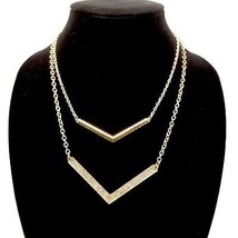 Guess Vee Collar Necklace With 2 Strands and Chevrons, Gold Tone, Rhines... - $13.60
