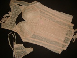 Victoria&#39;s Secret high-neck 34B CORSET bustier S Thong ivory beige peach Lace - £77.77 GBP