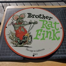 Vintage 1963 Brother Rat Fink &#39;The Rage In California&#39; Porcelain Gas &amp; Oil Sign - £98.77 GBP