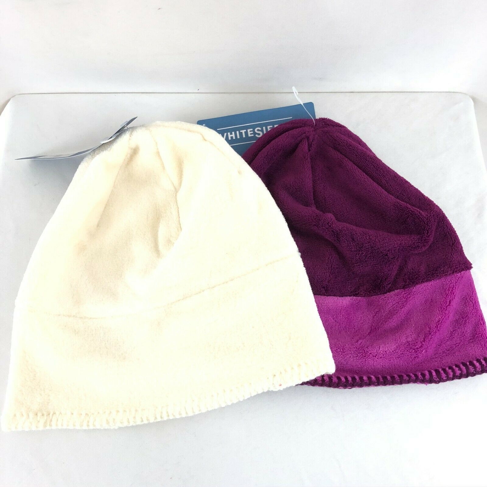 Primary image for Lot of 2 White Sierra Fleece Beanies Ivory Purple Slouchy Warm Soft Youth L/XL