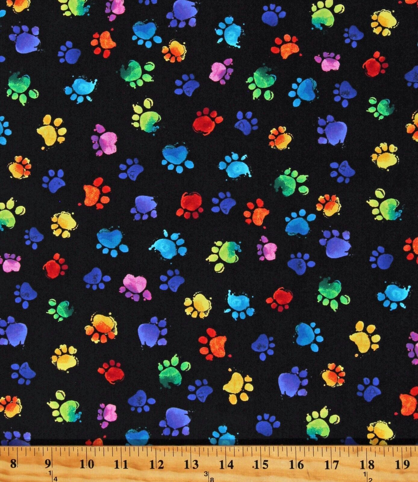 Primary image for Cotton Paw Prints Cat Kittens Rainbow on Black Fabric Print by Yard D386.29
