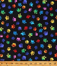 Cotton Paw Prints Cat Kittens Rainbow on Black Fabric Print by Yard D386.29 - £11.03 GBP