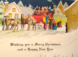 New Years Christmas Early Greeting Card Victorian People In Village Hors... - $18.62