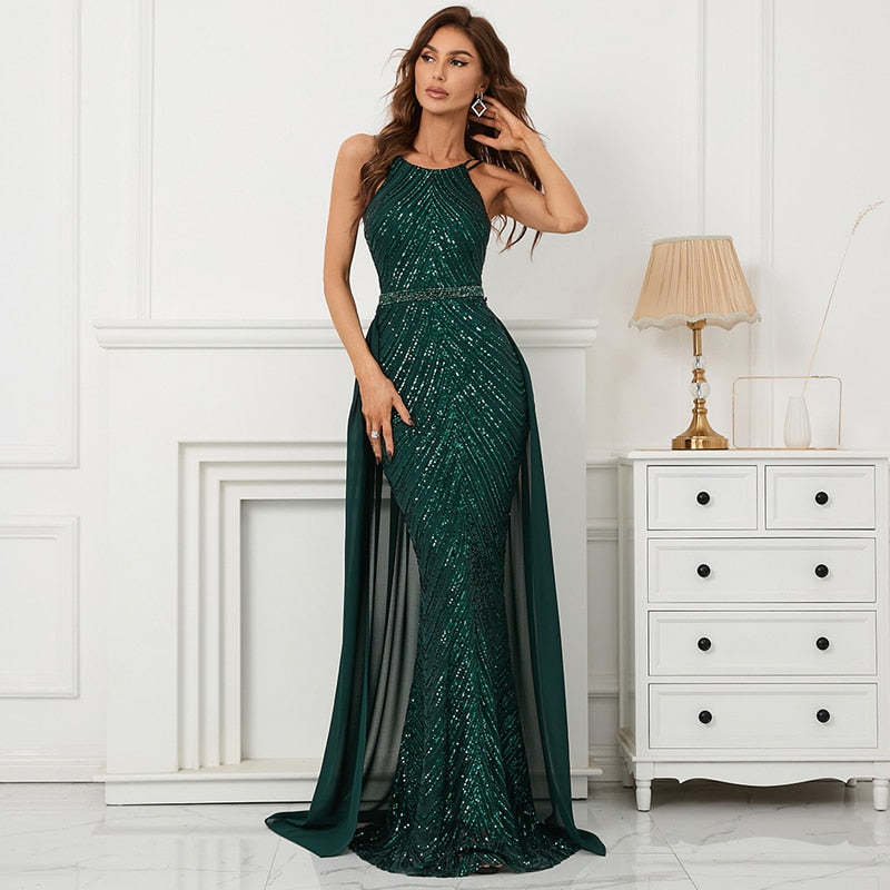 Sequin Evening Dress With Detachable Chiffon Train