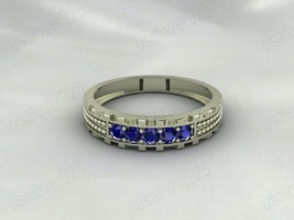 Blue Sapphire Round Gemstone Sterling Silver Unique Women Modern Ring Jewelry - £44.29 GBP
