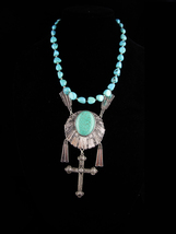 Gothic necklace - Turquoise beads - cross pendant - sterling clasp  - huge rosar - £114.21 GBP