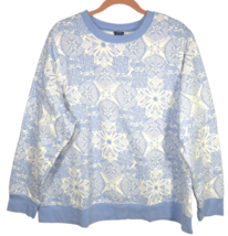 Basic Editions Women&#39;s Plus Size 2X Blue White Snowflake Print Fleece Sweatshirt - £8.62 GBP