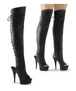 PLEASER DEL3019/B/PU Platform Black Faux Leather High Heel Rear Lace Thigh Boots - $98.95