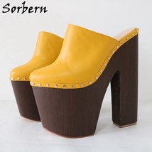 Inger yellow pump shoes 24cm women mules rivet punk clogs block wooden style wide heels thumb200