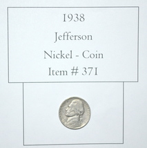 1938, Jefferson Nickel, # 371, Jefferson Nickels, rare nickels, vintage ... - $32.20